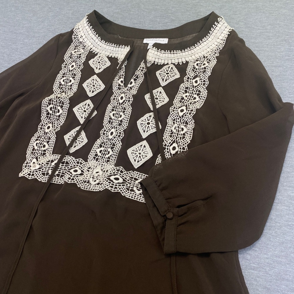 Charter Club Boho Sheer Blouse Womens M Brown Crochet Lace Trim Peasant Flowy